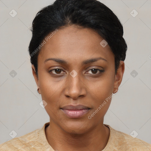 Neutral black young-adult female with short  black hair and brown eyes