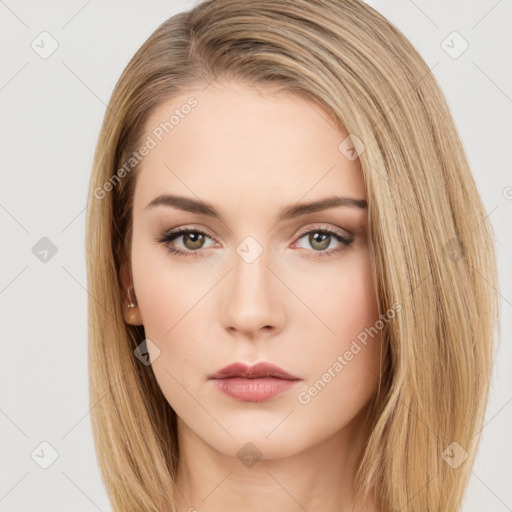 Neutral white young-adult female with long  brown hair and brown eyes