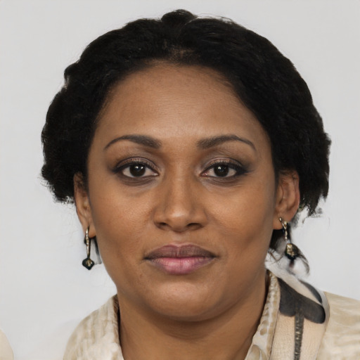 Joyful black adult female with short  brown hair and brown eyes