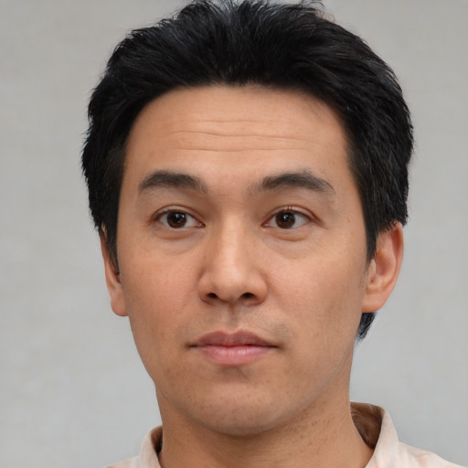 Neutral asian adult male with short  black hair and brown eyes
