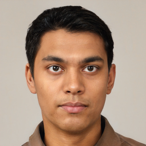 Neutral latino young-adult male with short  black hair and brown eyes