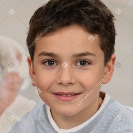 Joyful white child male with short  brown hair and brown eyes