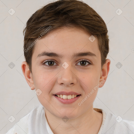 Joyful white child female with short  brown hair and brown eyes