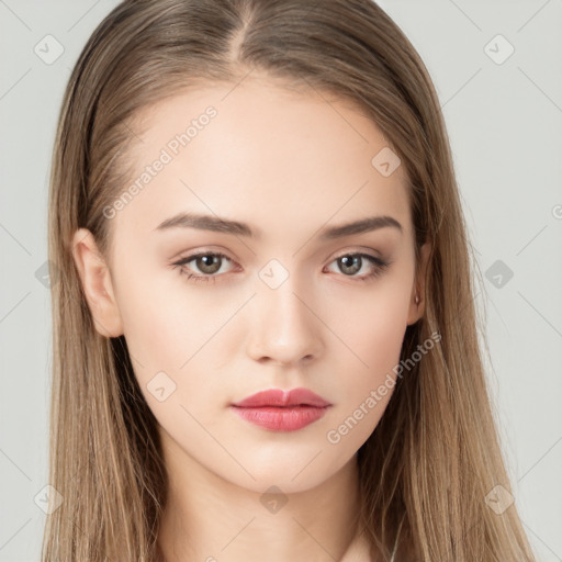 Neutral white young-adult female with long  brown hair and brown eyes