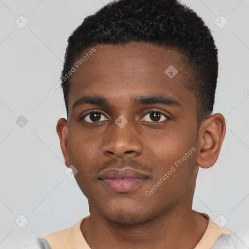 Neutral latino young-adult male with short  brown hair and brown eyes
