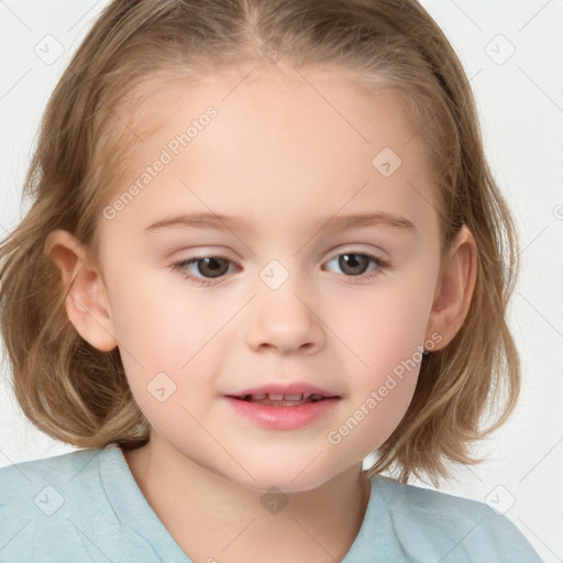 Joyful white child female with medium  brown hair and blue eyes