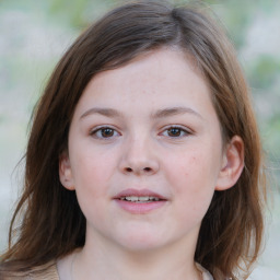 Joyful white child female with medium  brown hair and brown eyes