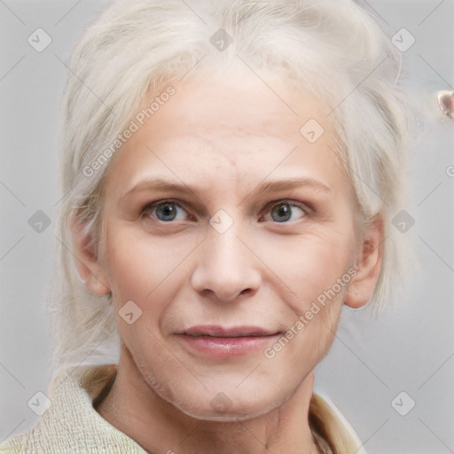 Joyful white young-adult female with medium  blond hair and blue eyes