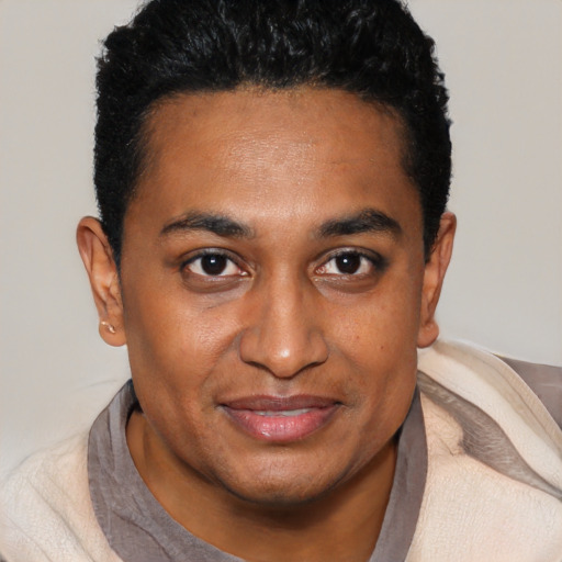 Joyful black young-adult male with short  black hair and brown eyes