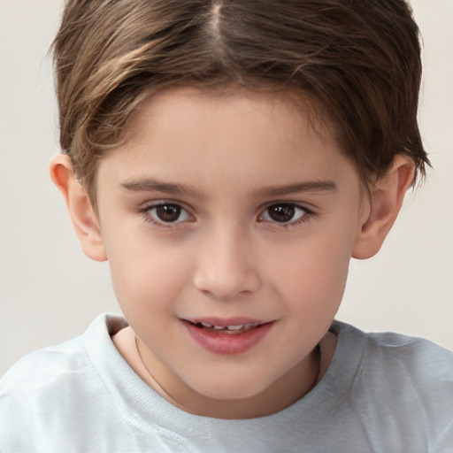 Joyful white child female with short  brown hair and brown eyes