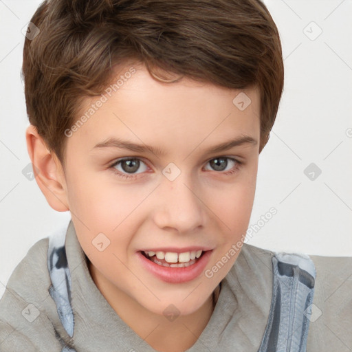 Joyful white child male with short  brown hair and brown eyes