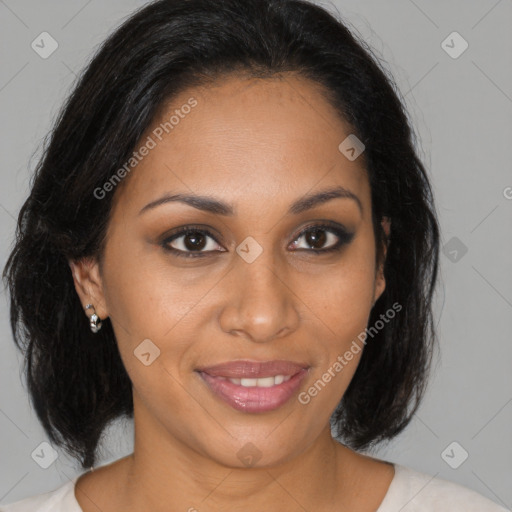 Joyful black young-adult female with medium  brown hair and brown eyes