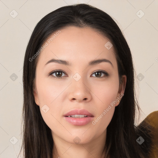 Neutral white young-adult female with long  brown hair and brown eyes