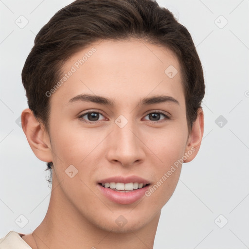 Joyful white young-adult female with short  brown hair and brown eyes