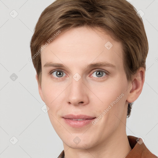 Joyful white young-adult female with short  brown hair and grey eyes