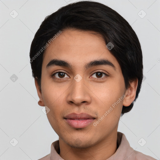 Neutral latino young-adult male with short  black hair and brown eyes