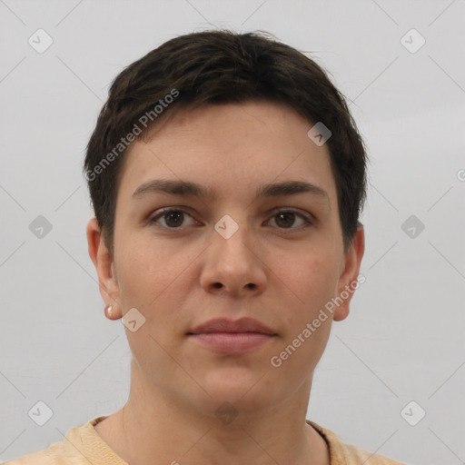 Neutral white young-adult female with short  brown hair and brown eyes