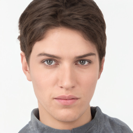 Neutral white young-adult female with short  brown hair and brown eyes