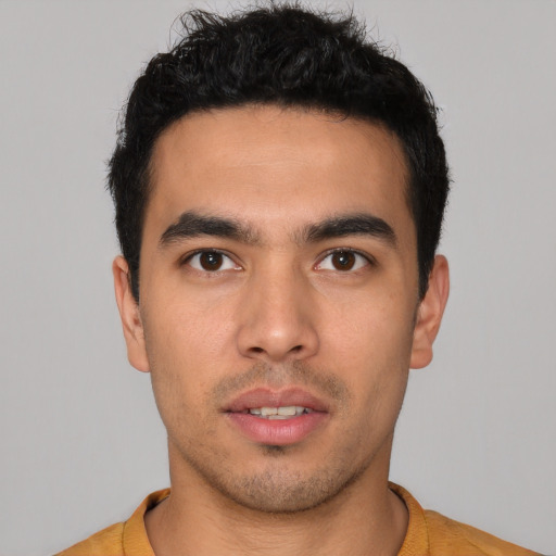 Neutral asian young-adult male with short  black hair and brown eyes
