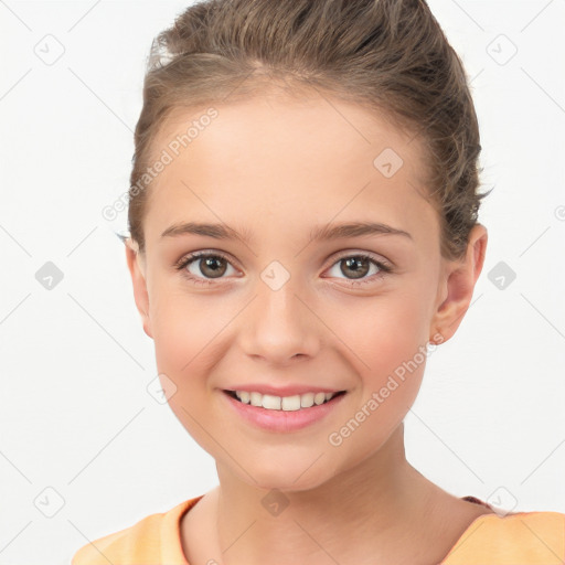 Joyful white child female with short  brown hair and brown eyes