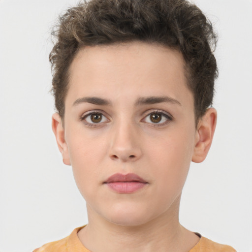 Neutral white young-adult female with short  brown hair and brown eyes