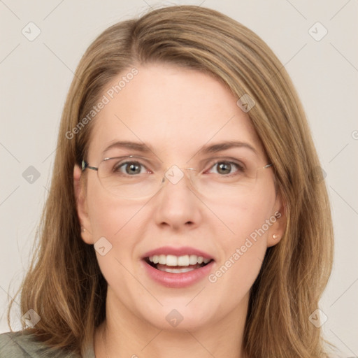 Joyful white young-adult female with medium  brown hair and green eyes