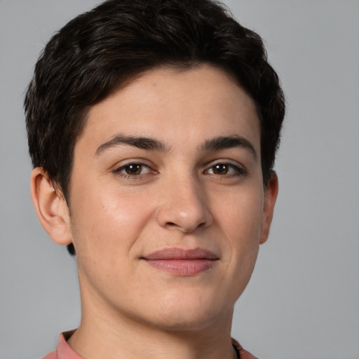 Joyful white young-adult female with short  brown hair and brown eyes