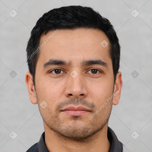 Neutral asian young-adult male with short  black hair and brown eyes