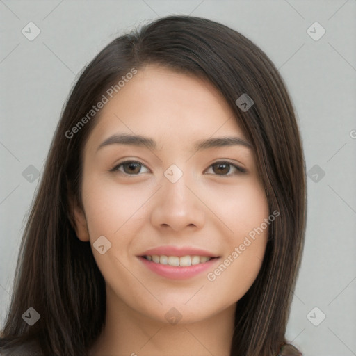 Joyful white young-adult female with long  brown hair and brown eyes