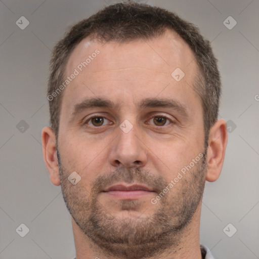 Neutral white adult male with short  brown hair and brown eyes