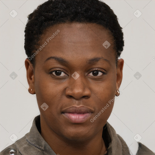 Neutral black young-adult female with short  brown hair and brown eyes