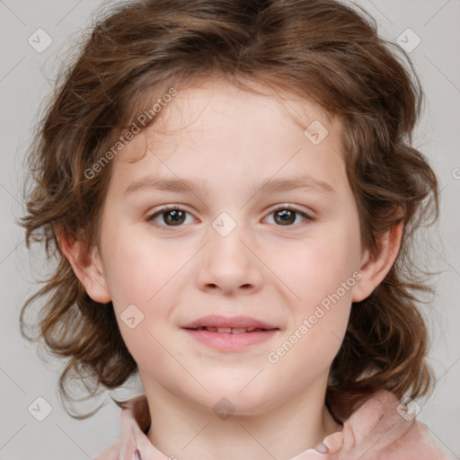 Joyful white child female with medium  brown hair and brown eyes