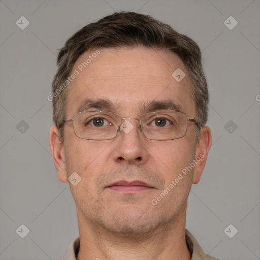 Neutral white adult male with short  brown hair and brown eyes