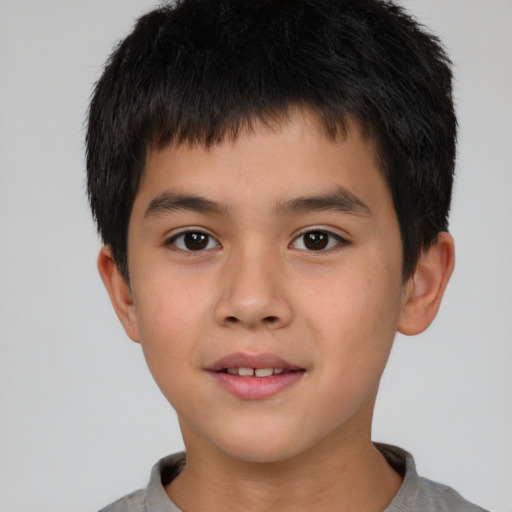 Joyful white child male with short  brown hair and brown eyes