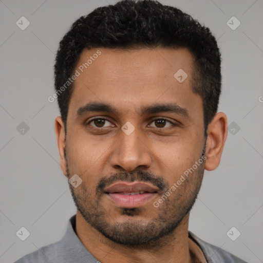Neutral black young-adult male with short  black hair and brown eyes