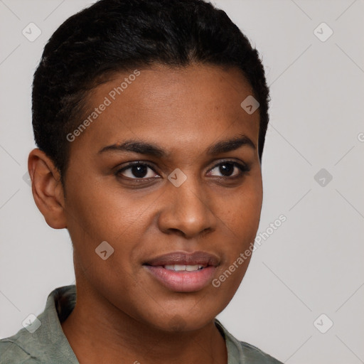 Joyful black young-adult female with short  brown hair and brown eyes