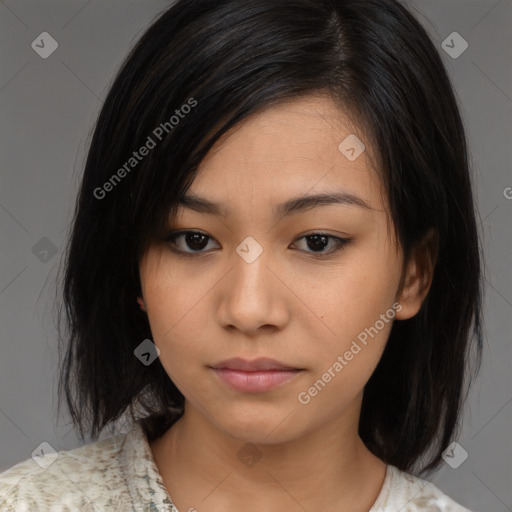 Neutral asian young-adult female with medium  brown hair and brown eyes