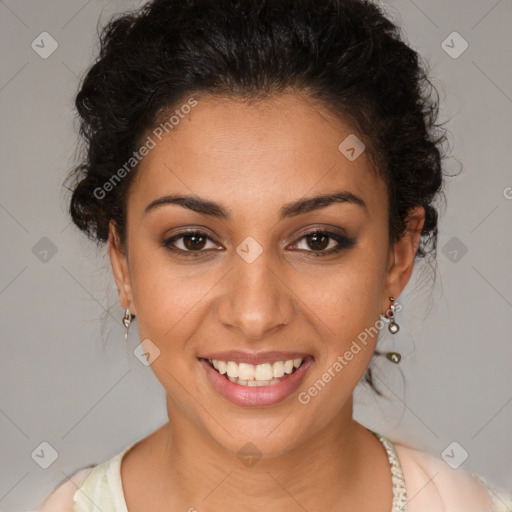 Joyful latino young-adult female with short  brown hair and brown eyes