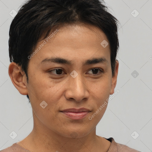 Joyful asian young-adult female with short  brown hair and brown eyes