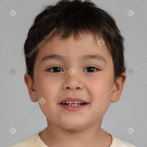 Joyful white child male with short  brown hair and brown eyes