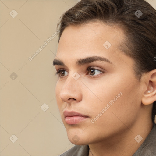 Neutral white young-adult female with short  brown hair and brown eyes