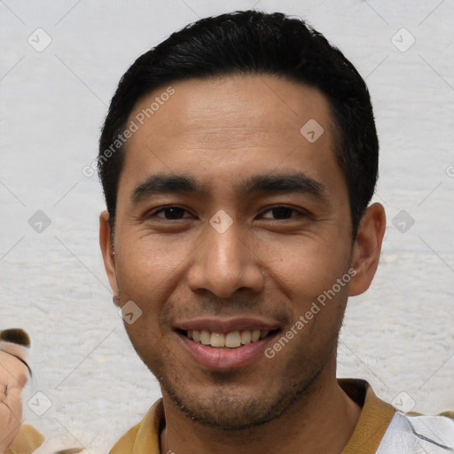 Joyful asian young-adult male with short  black hair and brown eyes