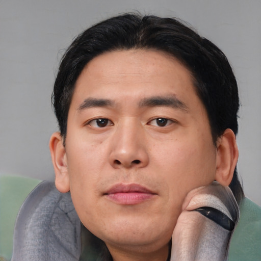 Neutral asian young-adult male with short  black hair and brown eyes