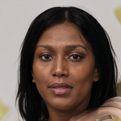 Neutral asian adult female with medium  black hair and brown eyes