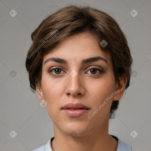 Neutral white young-adult female with short  brown hair and brown eyes