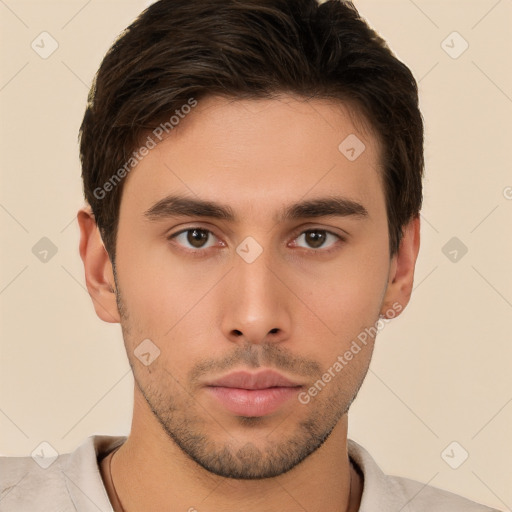 Neutral white young-adult male with short  brown hair and brown eyes