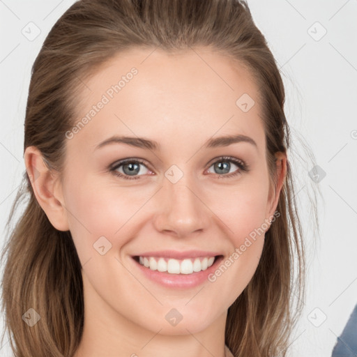 Joyful white young-adult female with long  brown hair and grey eyes