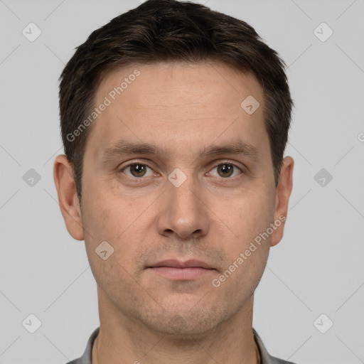 Neutral white adult male with short  brown hair and brown eyes