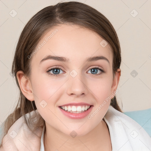 Joyful white young-adult female with medium  brown hair and blue eyes