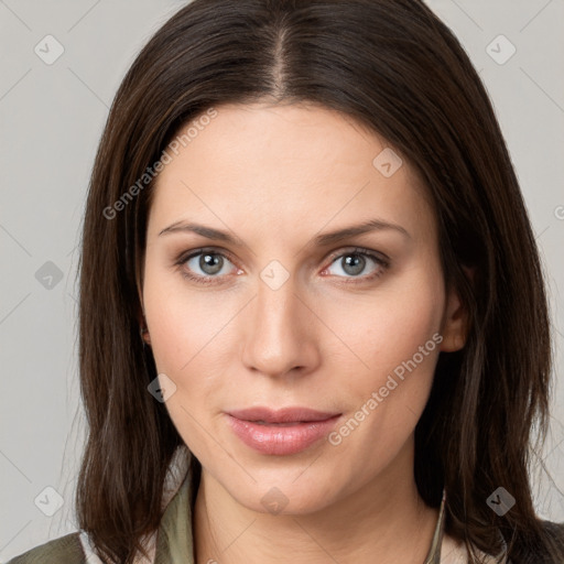 Neutral white young-adult female with medium  brown hair and grey eyes